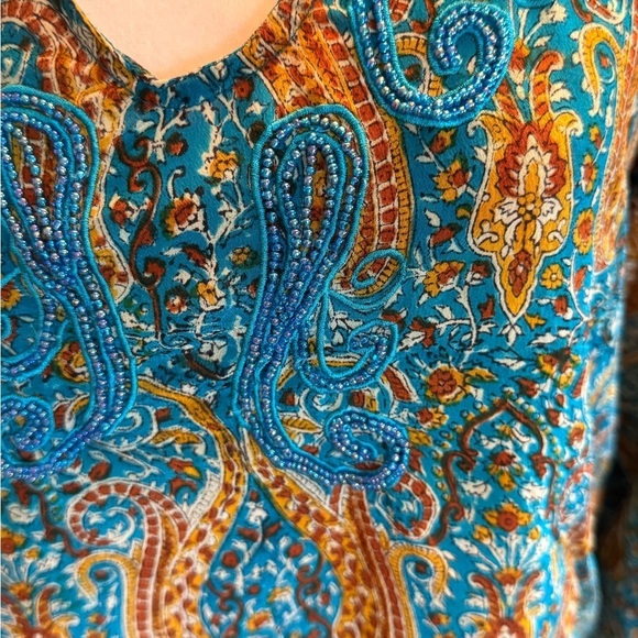 Tolani Women’s Silk Beaded Bohemian Printed Size Small Blouse Teal & Mustard - Picture 2 of 14